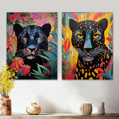«Black Panther in Colorful Jungle Landscape III», ensemble de 2 reproductions d'art murales en métal surdimensionnées