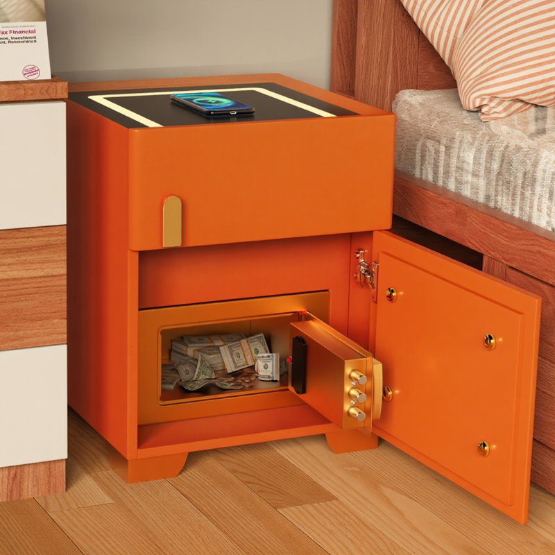 Kendrianna Nightstand with Safe Box and LED Lights and Wireless Charge, Orange