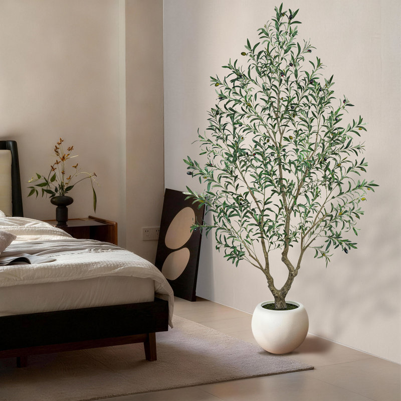 Artificial Olive Tree with White Planter, 5 ft / 6 ft / 7 ft Faux Indoor Tree Modern Minimalist House Mediterranean Decor for Home Office Bedroom Living Room Entryway