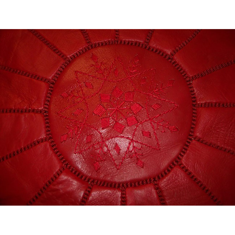 Handmade Moroccan Leather Round Pouf Ottoman Large Aviles, Red Genuine Leather