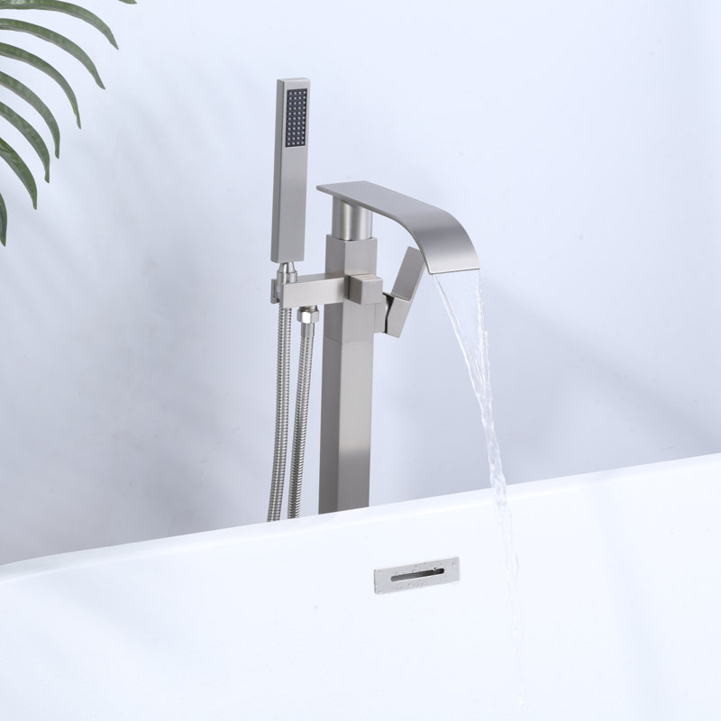 Robinet de baignoire autoportant à poignée simple en laiton avec douche à main, robinet de baignoire à fixation au sol en cascade