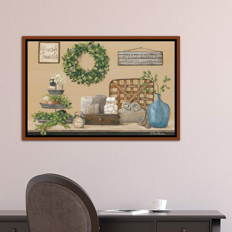 «Farmhouse Bath I» par Pam Britton - impression d'art graphique, Toile avec cadre en bois brun, Pas de tapis