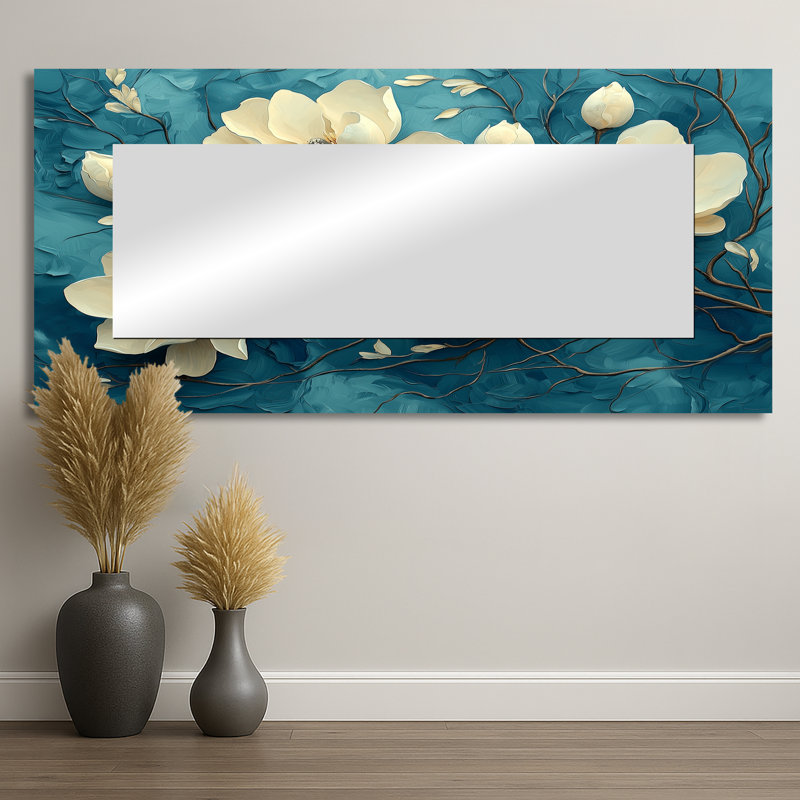 «Garden of Magnolias On Agate River II», art mural miroir floral imprimé sur métal, 28 po x 60 po