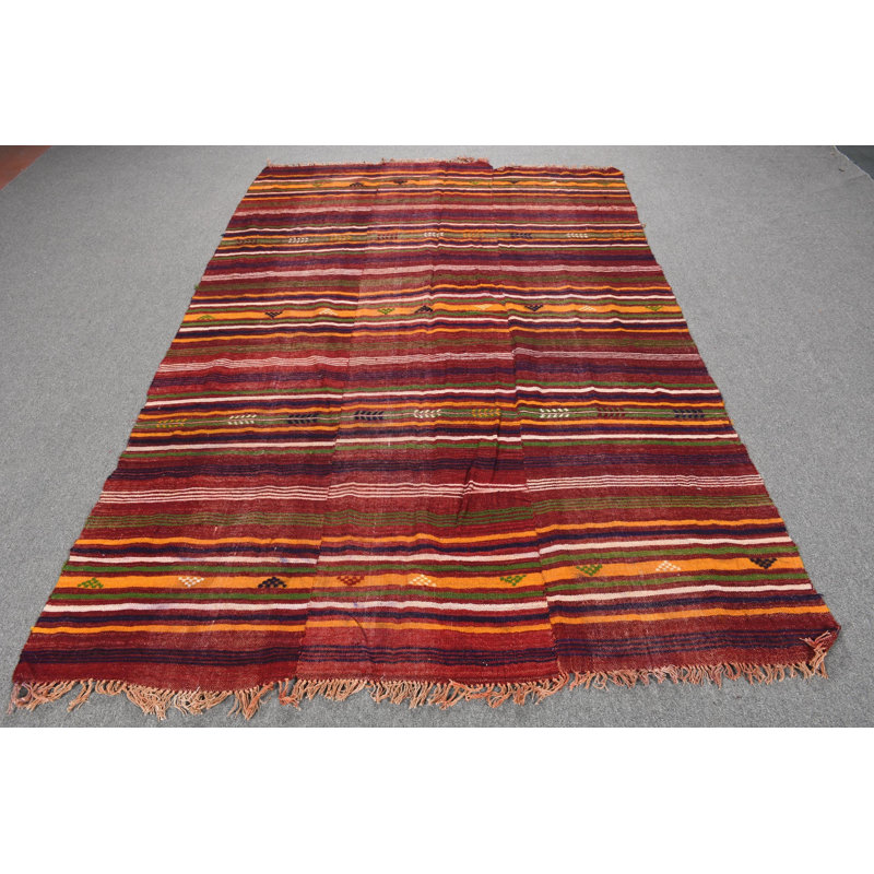 Handmade Vintage Turkish Rug with Colorful Striped Design Ideal for Boho Style Home Decor
