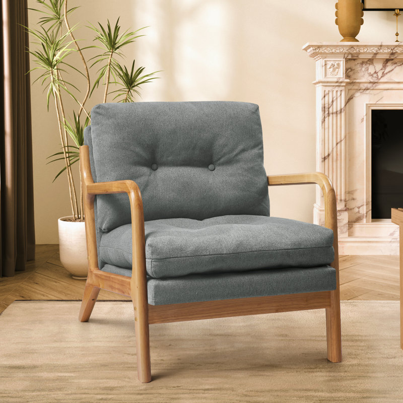 Cloud Comfort Cushion with Wooden Armrest Accent Chair, Gray 100% Linen