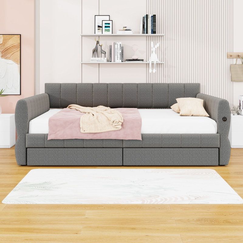 Queen Two Drawers Upholstered Platform Bed with USB, Gray
