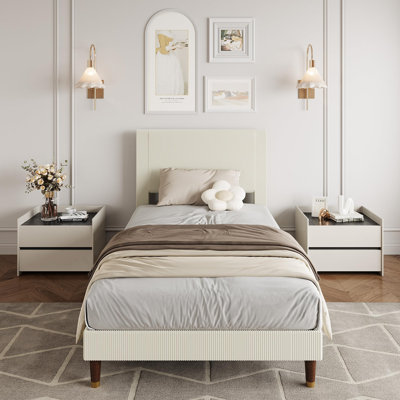 Base de lit plateforme avec tête de lit, cadre de lit rembourré en velours côtelé avec support en lattes de bois, aucun sommier nécessaire