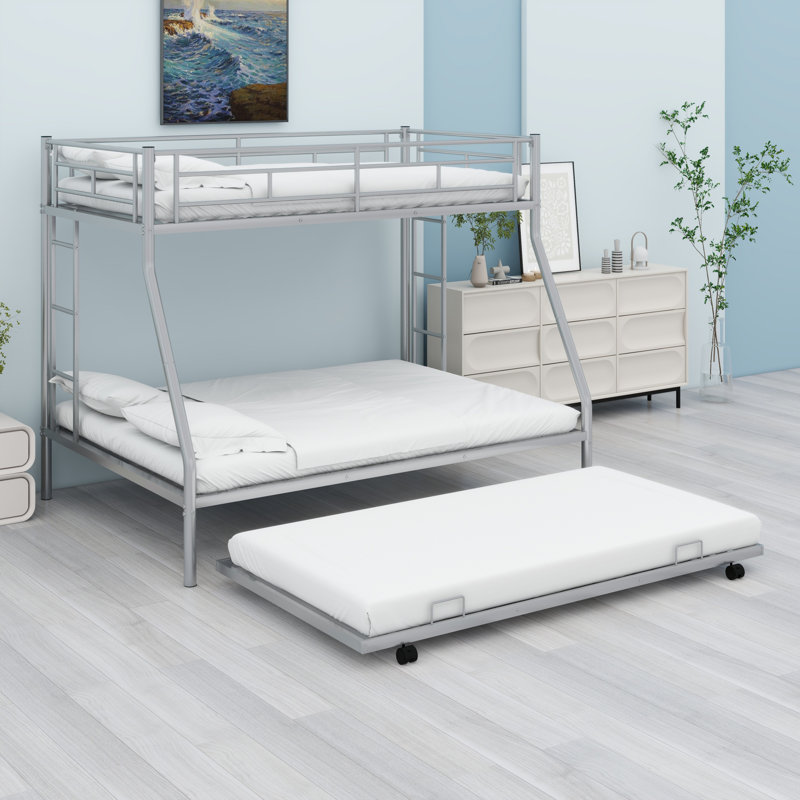 Bunk Bed With Trundle, Two-Side Ladders, Silver