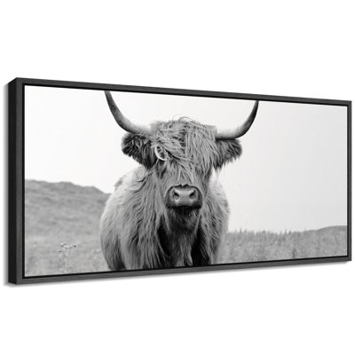 «Animals Highland Cow», portrait en noir et blanc sur toile