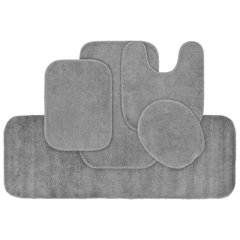 Mccluney Ultra Soft Traditional Nylon 5 Piece Bath Rug Set with Non-Slip Backing, Platinum Gray