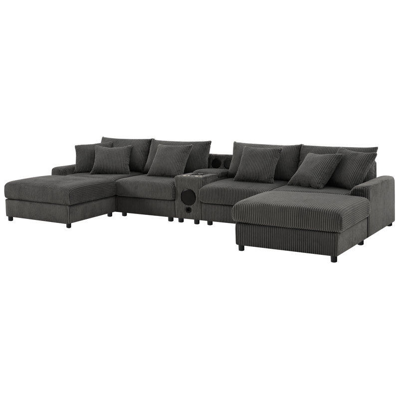 Defino U-Shaped Corduroy Sectional Sofa with Bluetooth, USB Charging & Ottomans, Dark Gray Corduroy
