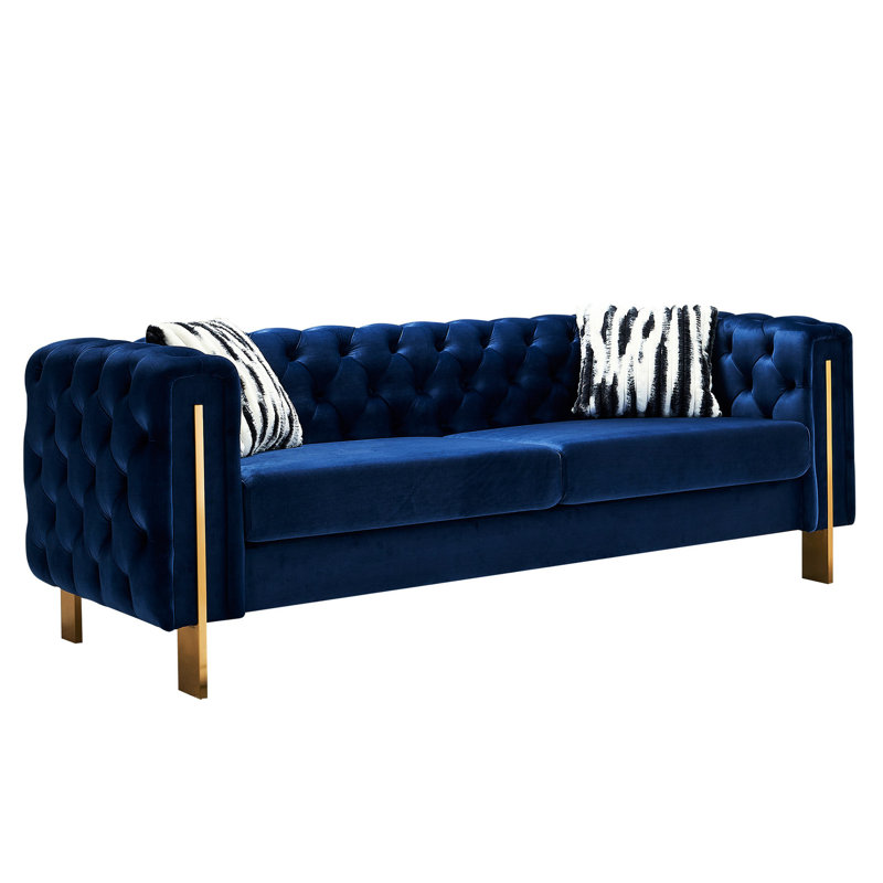 Salon en velours bleu de 82,06 po avec détails et pieds en métal doré, arrière de 82,06 po, Bleu