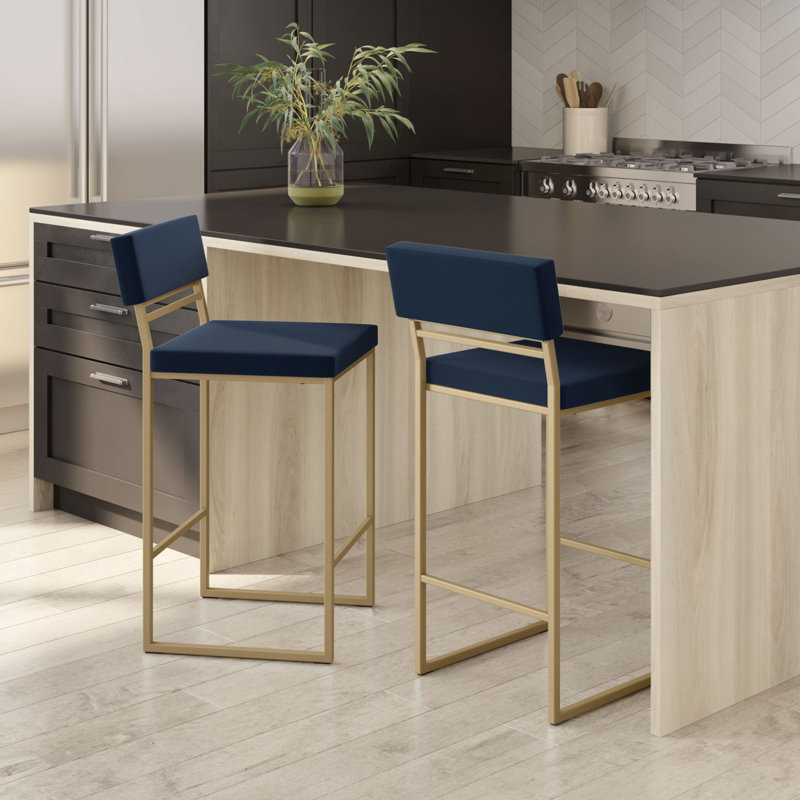 Tabouret de bar et de comptoir Abshir, Tabouret de comptoir (siège d'une hauteur de 26,7, Polyuréthane bleu, Doré