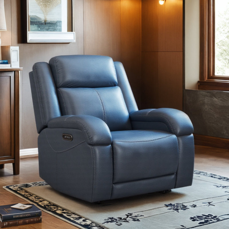 Zachery Genuine Leather Zero Wall Power Recliner with USB Port, Navy Genuine Leather