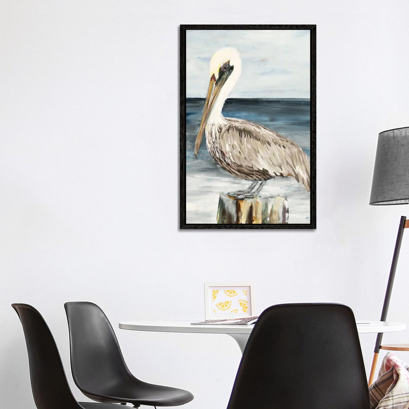 Muted Perched Pelican by Julie Derice - Painting on Canvas, 101.6cm H x 66.04cm W x 3.81cm D, Black Framed