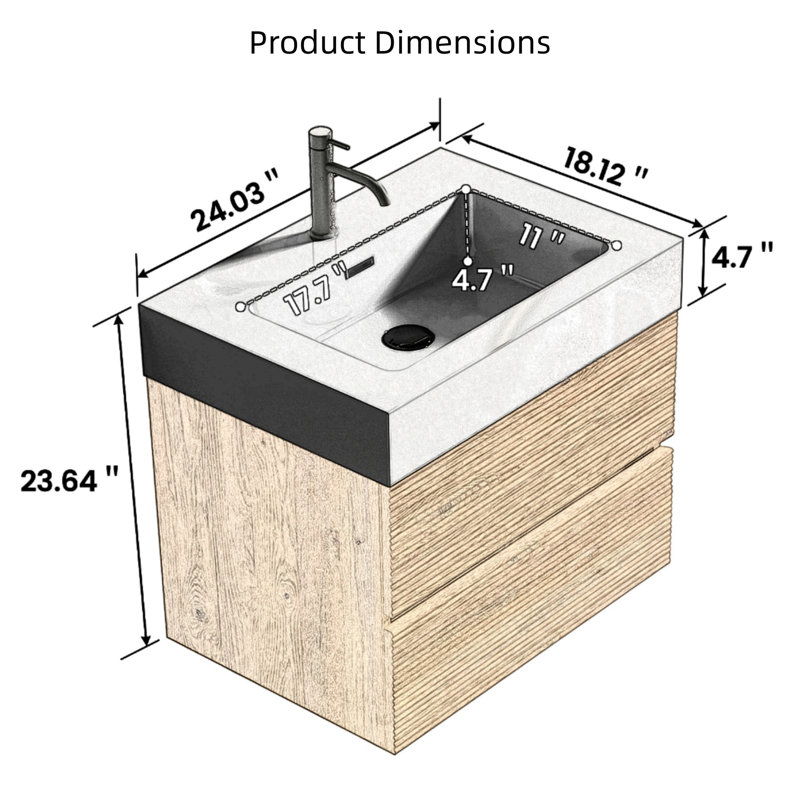 Meuble-lavabo mural 24 po, tiroirs noirs doux, lavabo à quartz en chêne, 2 tiroirs