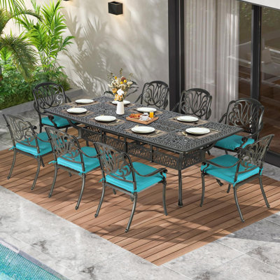 9-Piece Outdoor Patio Dining Set For 8, All Weather Cast Aluminum Patio Funiture Table And Chairs Set- 94.5" Rectangular Table And 8 Chairs For Garden, 2" Umbrella Hole