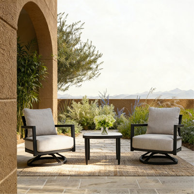 Mobilier de patio extérieur en aluminium 3 pièces, ensemble de causeuse moderne entièrement soudé et pivotant, coussins Sunbrella, table d'appoint Elegance Arc 23,6 po avec plateau en marbre blanc d'inspiration grecque