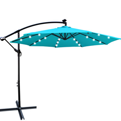 Parasol d'extérieur à énergie solaire à DEL 10 pi - imperméable, 8 nervures, manivelle, base transversale pour piscine de terrasse avec lumières couleur rapide, jardin, terrasse, cour, bord de piscine