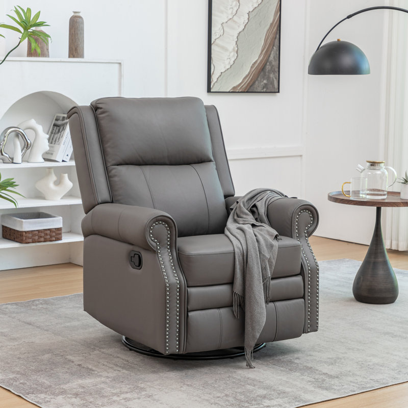 33" Wide Genuine Leather Upholstered Rocker Recliner, Gray