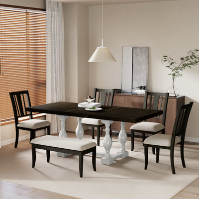  Ensemble de table de salle à manger extensible avec tréteaux 78 po avec rallonge, chaises rembourrées et banc Traditional