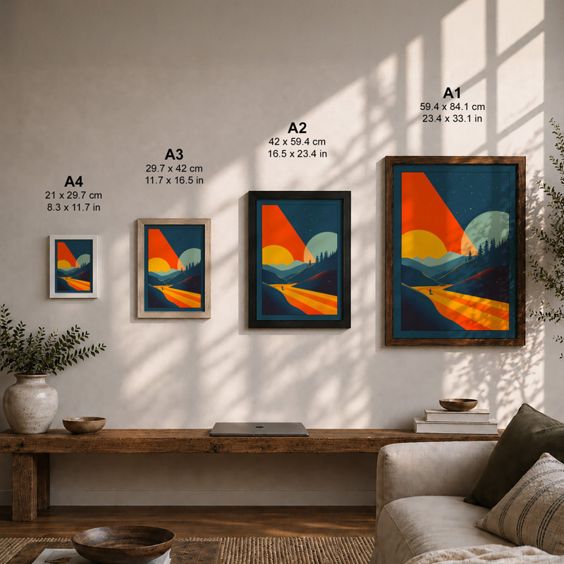 Mountain Dawn Modern - Framed Print, A4 - 29.7 x 21.0 cm, Walnut