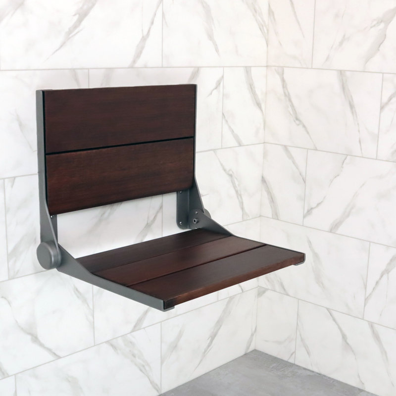 INVISIA Medium Walnut Bamboo Folding Shower Seat, Aluminum Frame (400 lb. Capacity), Matte Black, 15.50" H x 18" W x 16" D