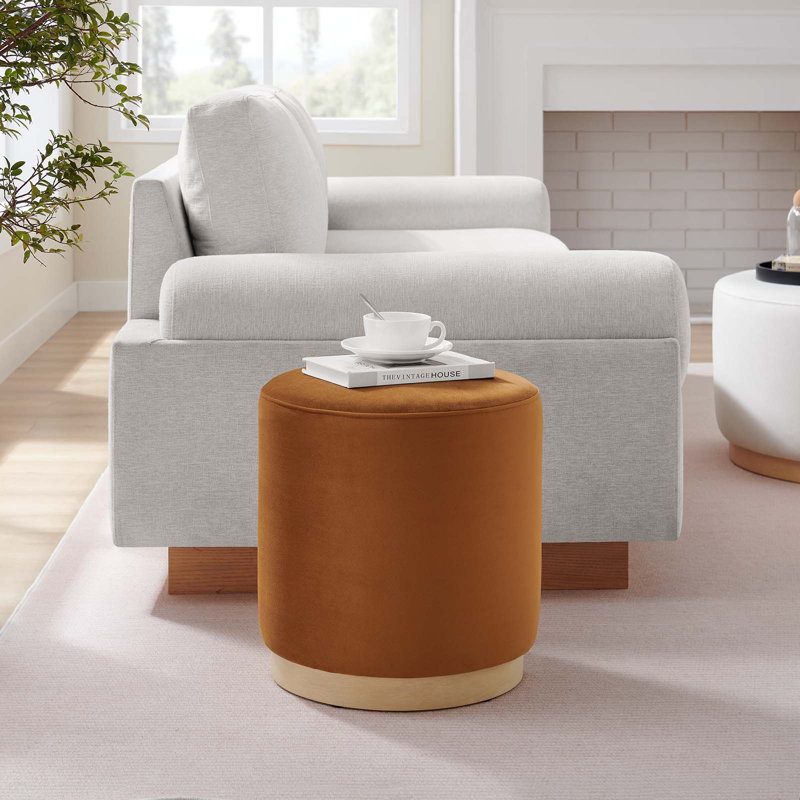 Tilden 16" Round Rust Velvet Upholstered Ottoman with Rubberwood Base