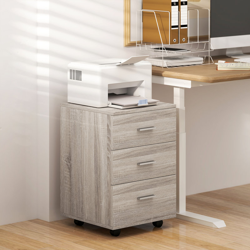 3 Drawer File Cabinet with Lock and Wheels, Grey Wood Grain