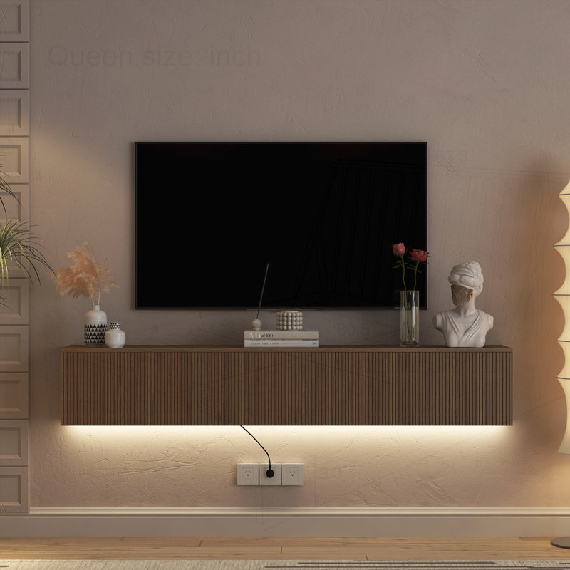 Floating TV Stand Wall Mounted with 16 Color LEDs, Walnut, 11.8" H x 68.8" W x 11.8" D