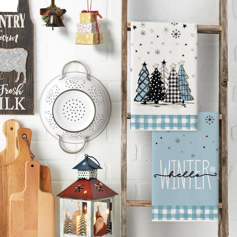 Buffalo Plaid Snowman Xmas Trees Christmas Kitchen Towels Dish Towels, Hello Winter Decoration Hand Towels Set Of 4