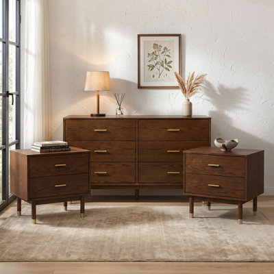 Rosamund Solid Wood 3-Piece Nightstand And Dresser With Gold-Capped Legs