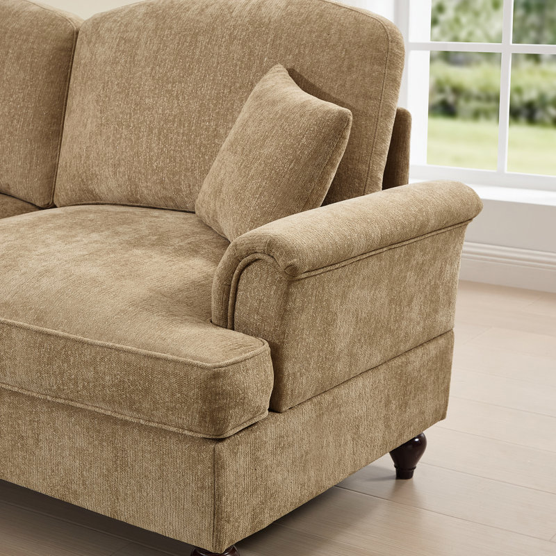 Canapé modulaire classique avec tissu en chenille doux, soutien du corps en forme de pétale et confortable en café, accoudoirs évasés 2 pièces, jupes de plis à volants amovibles, siège à pattes et siège café,