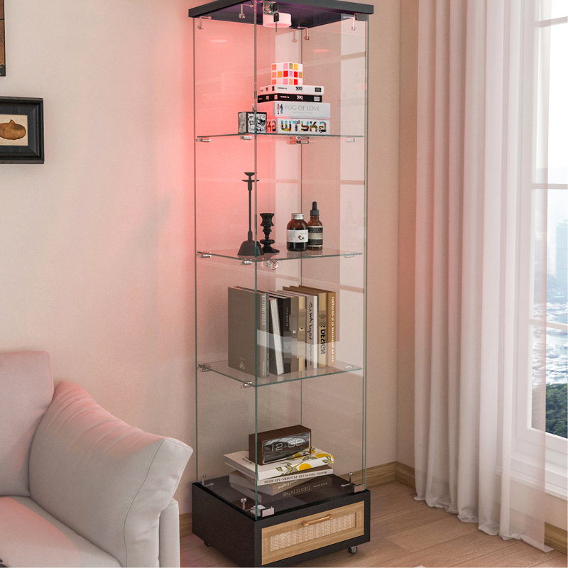 Verre trempé, 1 porte, étui de rangement, 4 tablettes, tiroir, 13 lumières à DEL de couleur, chambre à coucher, salle à manger, cuisine, bibliothèque à roulettes lisses, présentoir élégant