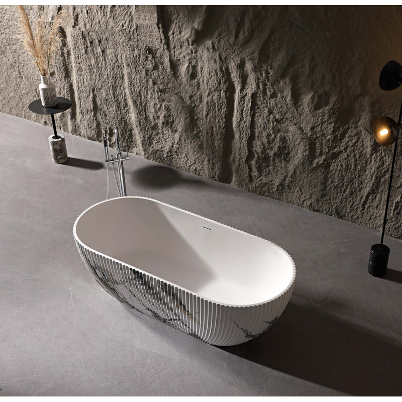67" Freestanding Fluted Solid Surface Bathtub with Ink Marble Finish, Ergonomic Soaking Tub with Vertical Groove Design
