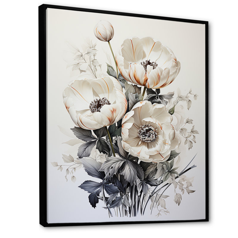 Minimalisme, tulipes blanches, symphonie III sur toile, H 40 po x l 30 po x P 1,5 po, Cadre flottant noir