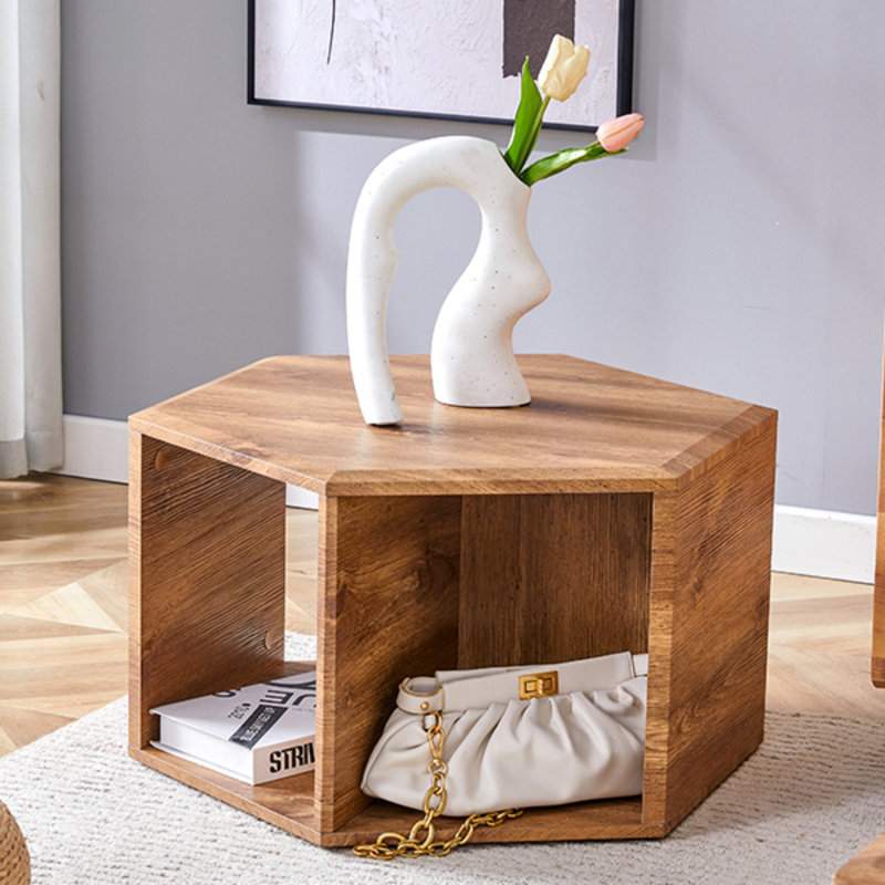 Hexagonal MDF Coffee Table, Wood Grain Pattern Stickers, Multi-Hole Design To Give More Storage Space