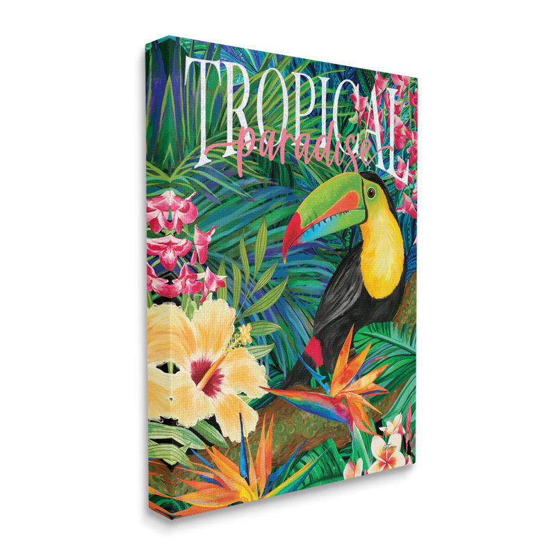 «Bay Isle Home», paradis tropical, Toucan, art de la giclée par Cat Thurman Designs, Giclée encadrée blanc bord de mer