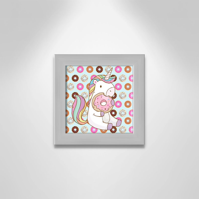 Donut Unicorn Wall Decal, 8" H x 8" W x 0.6" D, Silver Flat Framed
