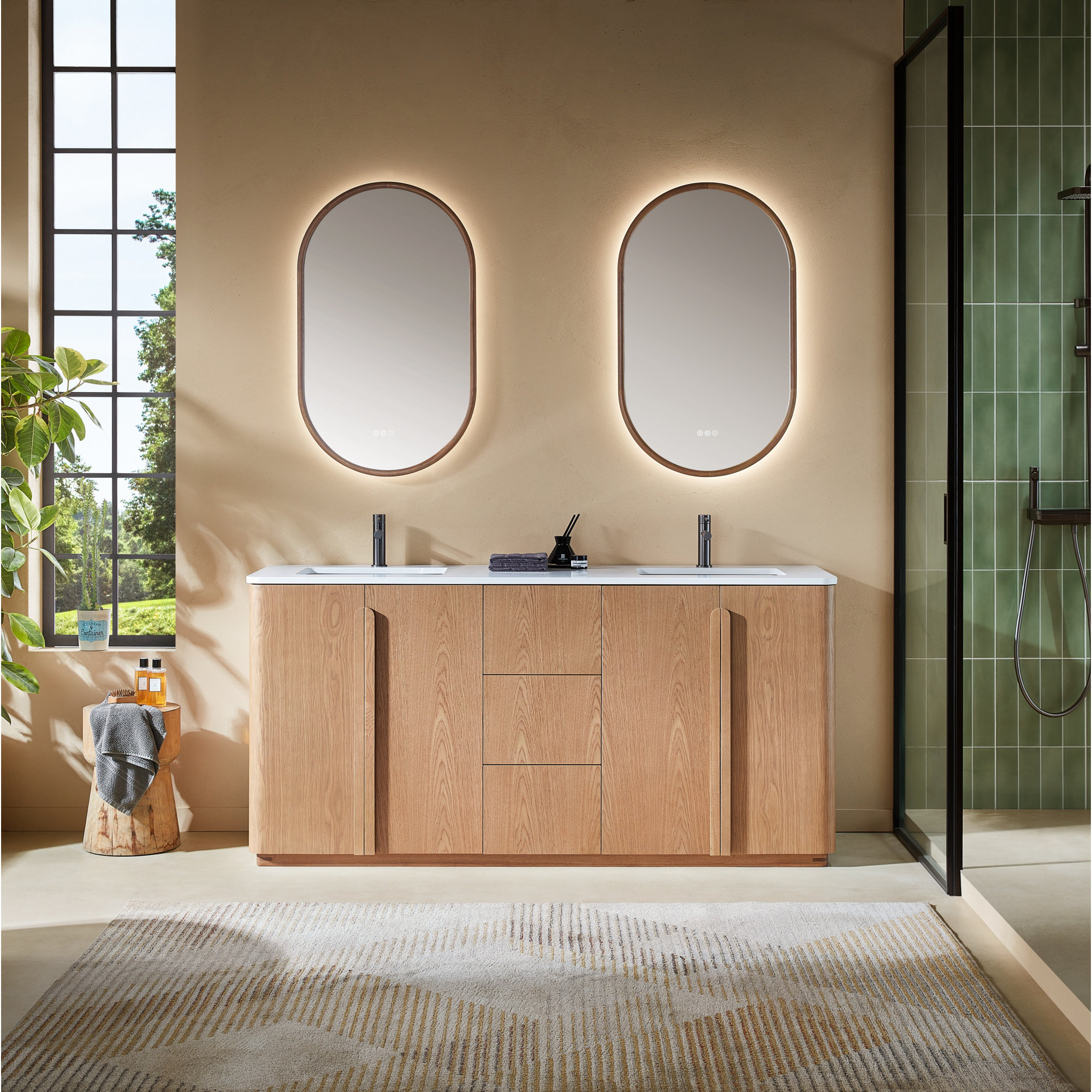 Greely 72" Teak Double Sink Bathroom Vanity with Quartz Top, Natural Teak