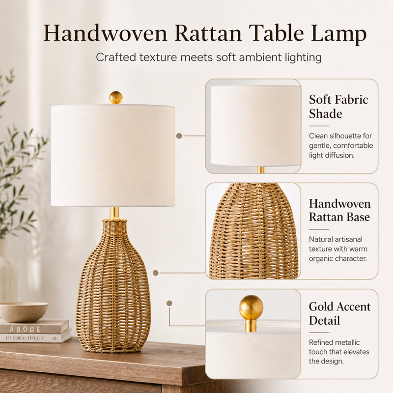 25" Coastal Farmhouse Handwoven Rope Rattan Table Lamp with Soft Lighting