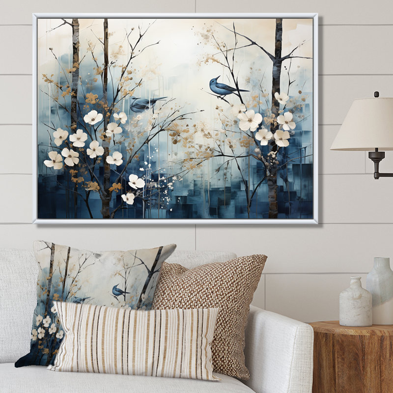 «Blue and White Forest Winter Harmony I», art mural sur toile, H 34 po x l 44 po, Cadre flottant blanc