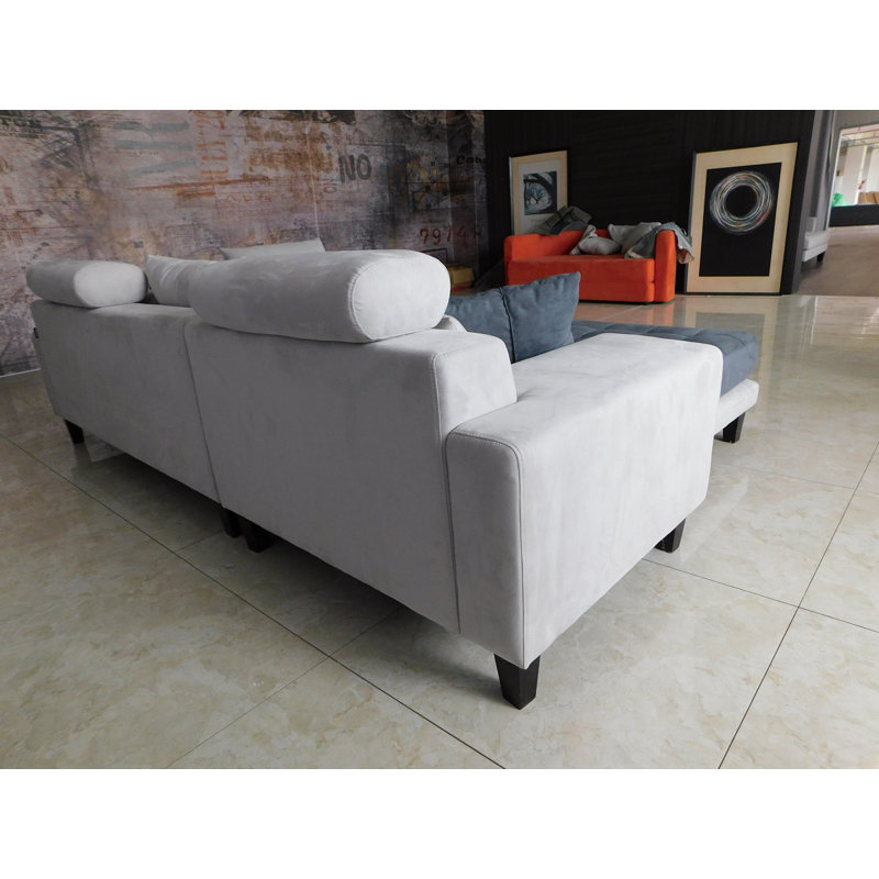 Upholstered L-Shaped Sectional, Right Hand Facing, White/Gray Microfiber/Microsuede