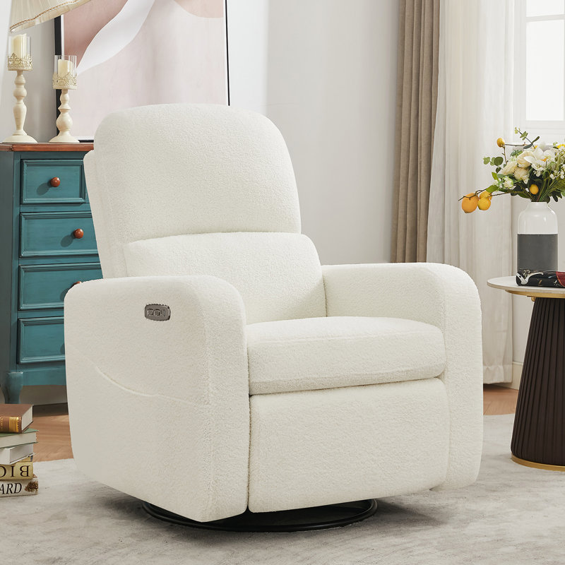 Fauteuil inclinable, oscillant et pivotant avec siège amovible et port USB Type-C de 36 po Reiby, Blanc peluche