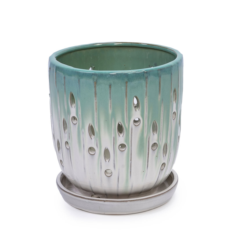 Handmade Green-White Gradient Ceramic Planter Set (7.48"×5.51" & 8.07"×6.1"), Indoor & Outdoor Flower Pots For Orchids, Succulents By Window, Breathable Holes & Lightweight