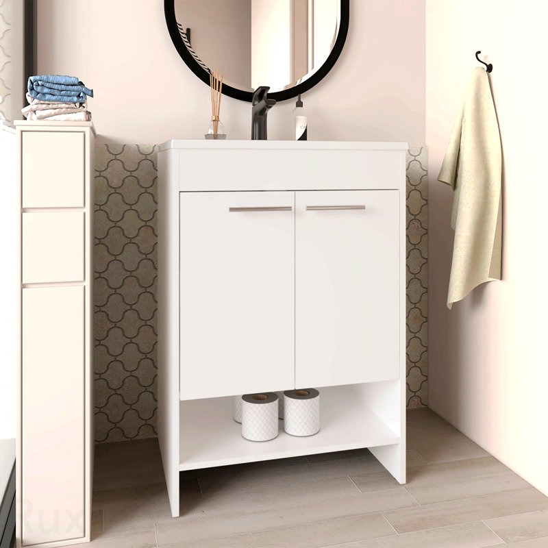 Floor Vanity With Four Drawers And Two Open Shelves, White