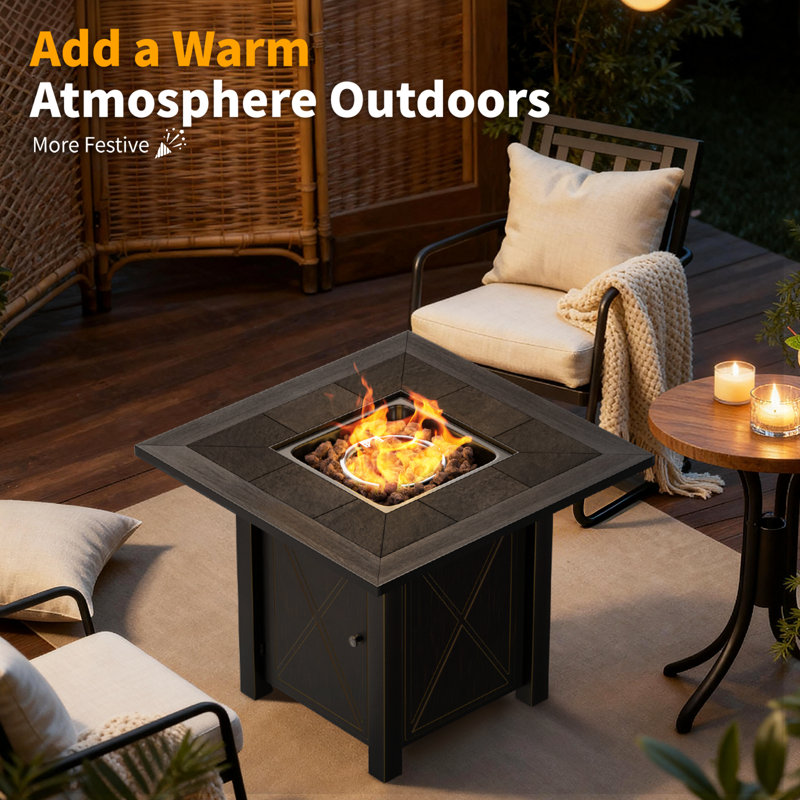 30 Inch Propane Fire Pit Table 50000 BTU | Ceramic Tabletop | Lid and Lava Rock | Outdoor Patio Dining & Courtyard Party
