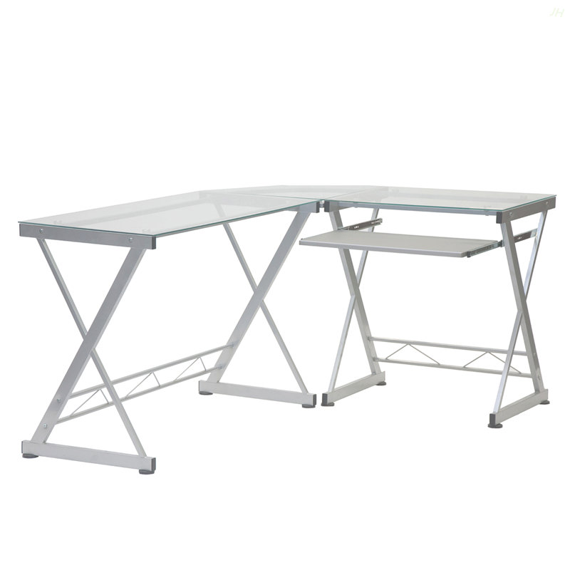Techni Mobili L-Shaped Tempered Glass Top Computer Desk With Pull Out Keyboard Panel, Clear