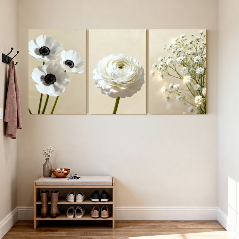 Ensemble de 3 tableaux muraux botaniques à motifs floraux blancs sur toile tendue, pour la décoration du salon, de la chambre et de la maison.