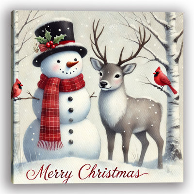 «Winter Friends: Snowman and Deer Holiday», art sur toile